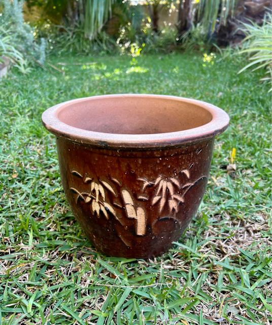 Retro brown glaze bamboo theme ceramic planter / pot 27cm d x 22 h