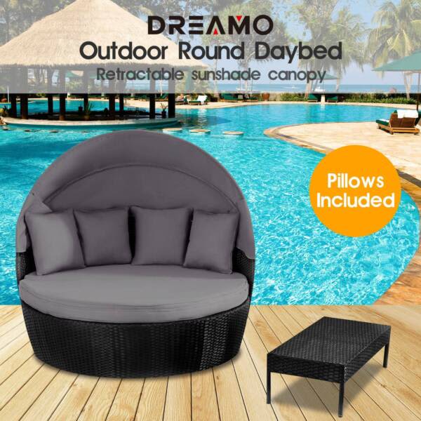 Outdoor Daybed Black 2in1 Poly Rattan Sunbed with Canopy Lounging