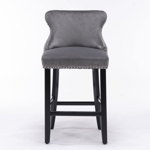 2x Velvet Upholstered Button Tufted Bar Stools with Wood Legs and