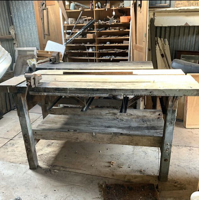 Antique Rustic Redgum Work Bench With Vice & Striking Plate Tool
