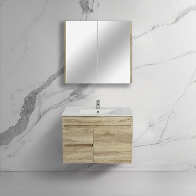 750mm Wall Hung Bathroom Vanity White Oak Wood PVC Vacuum Filmed