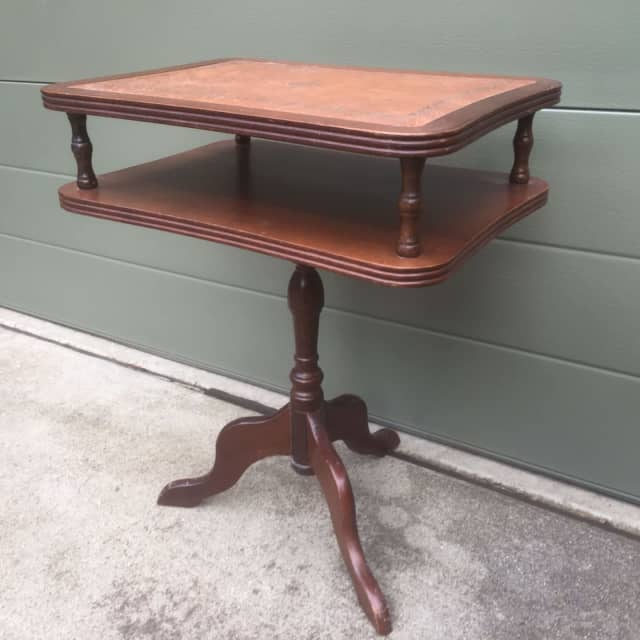 VINTAGE HARD WOOD SIDE TABLE WITH EMBOSSED LEATHER TOP AND SHELF