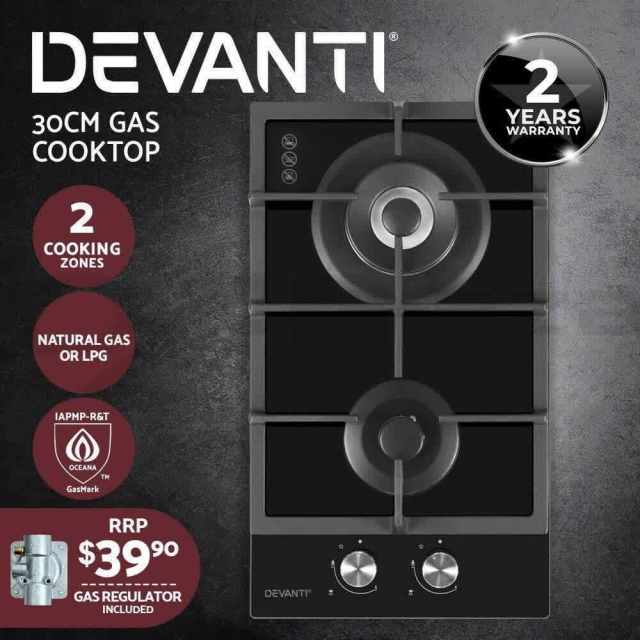 Devanti Gas Cooktop 30cm Gas Stove Cooker 2 Burner Cook Top Konbs NG L Cooktops & Rangehoods
