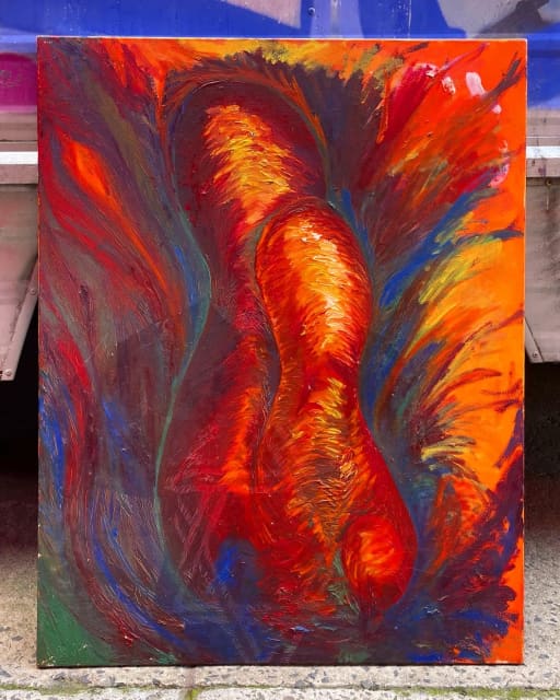 Large Vivid Vintage Oil on Canvas Abstract Painting by Unknown Artist