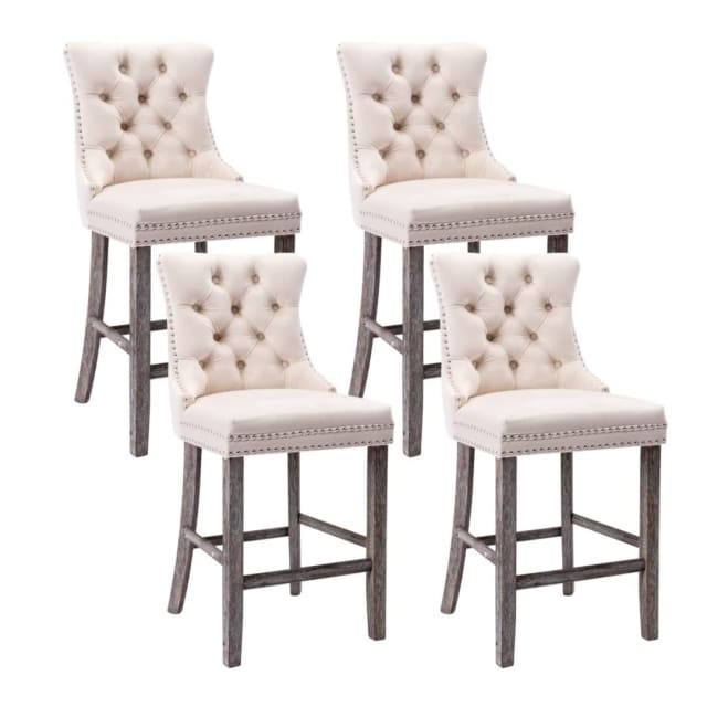 4X Velvet Bar Stools with Studs Trim Wooden Legs Tufted Dining Ch