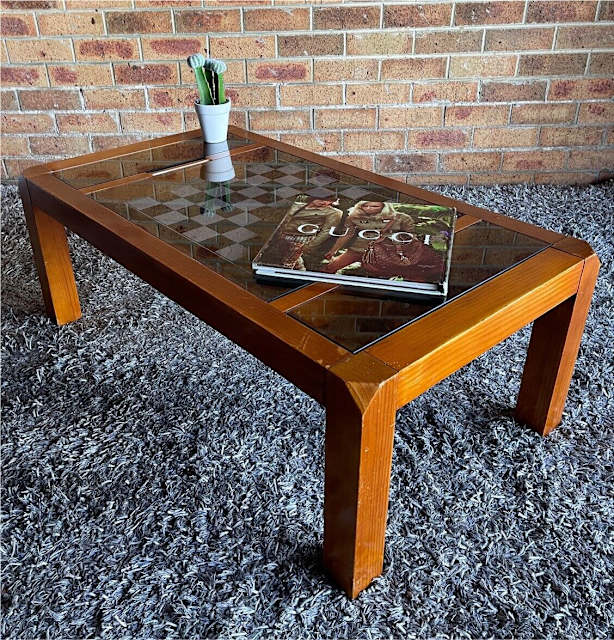 RARE VINTAGE FRENCH HARDWOOD & GLASS COFFEE TABLE by Pierre Vandel