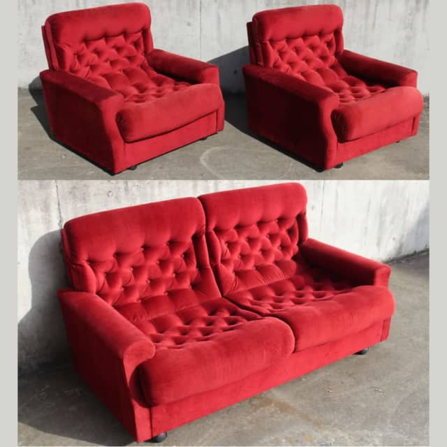 1960s Retro 3 PIECE Red Velvet SUAREZ BROS Lounge Suite Mid Century