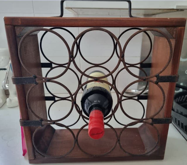 Rustic 9 bottle wine rack in wood square frame & iron inserts , handle