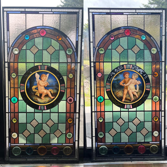 Stained glass windows pair leadlight Antique Building Materials in
