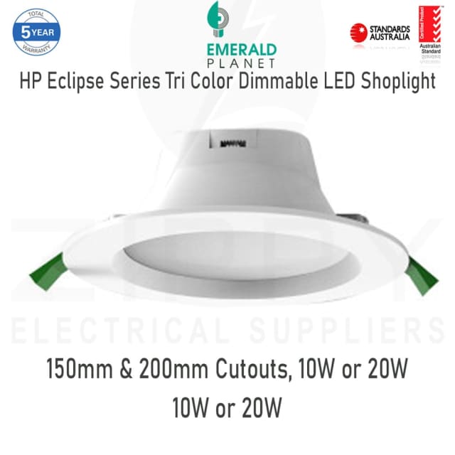 Emerald Tri Color Dimmable LED Shoplight 150mm & 200mm Cutout