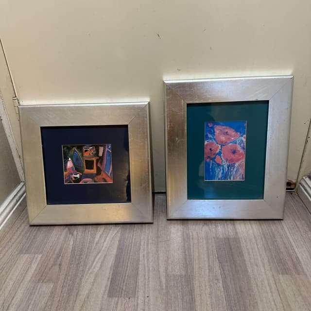 SILVER FRAMED FIREPLACE AND FLOWER ABSTRACT PAINTING MODERN ART Art