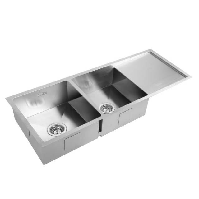 Kitchen Sink 111X45CM Stainless Steel Basin Double Bowl Laundry Silver ...