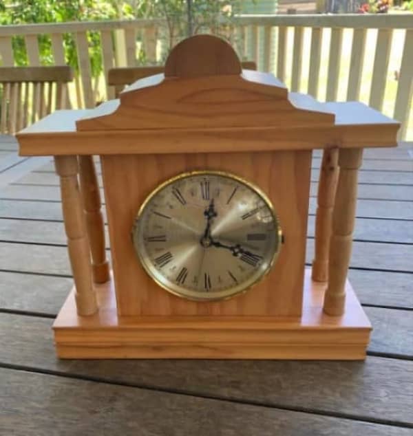 Hand made Timber Mantel Clock Quartz battery operated yesteryear