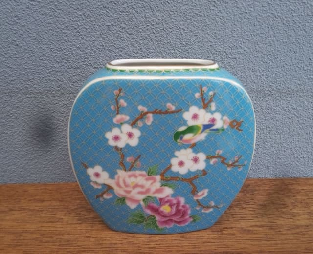 Cloisonne Takahashi San Francisco 1981 flowers birds blue lattice