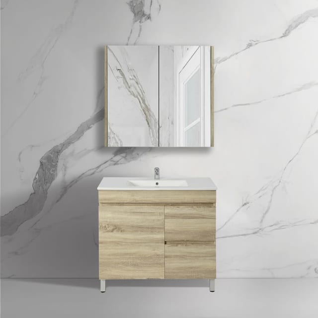 Freestanding Bathroom Vanity With Legs White Oak Wood Grain MDF Board