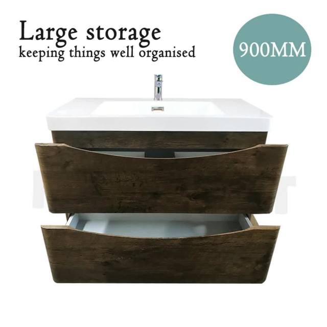 My Depot 900mm Basin Smile Wall Hung Bathroom Storage Vanity Dark Oak