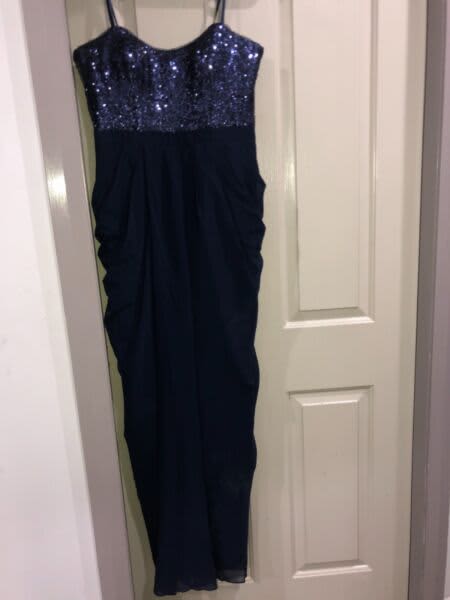 NEW BARIANO Navy Strapless formal ruffled gown with sequin top size 14 ...