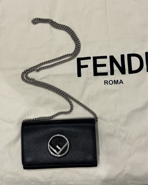 Fendi Black Leather Small Divisa F Wallet On Chain Clutch Fendi