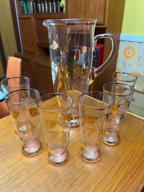 Vintage Bohemia Crystal Pink & Gold Jug and 6 Matching Glasses | Other ...