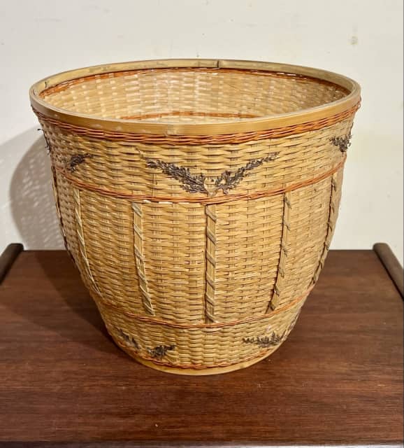 Retro cane basket pot plant holder with orange detail. 30 cm d x 26 h Decorative Accessories