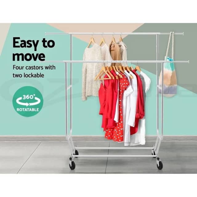 6FT Double Rail Clothes Rack Coat Stand Adjustable Garment Rolling