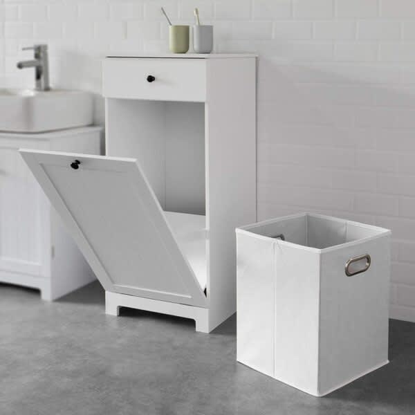 White Bathroom with Laundry Basket and Drawer