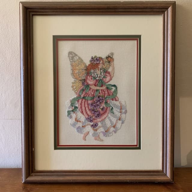 Framed Needlepoint Crossstitch Cross Stitch Flower Faerie Fairy Art