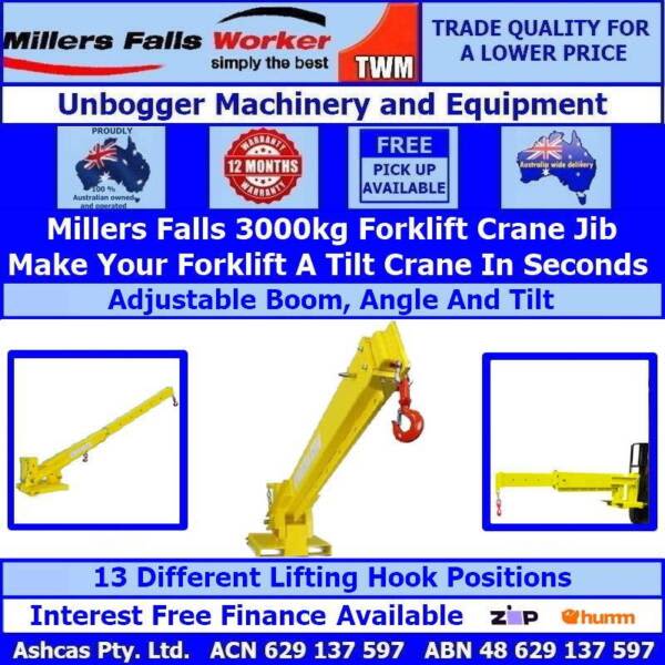Millers Falls 3000kg Forklift Crane Jib Adjustable Boom & Tilt