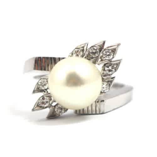 18mm Pearl And Diamond Ring 14ct White Gold Ladies Ring Size K Women