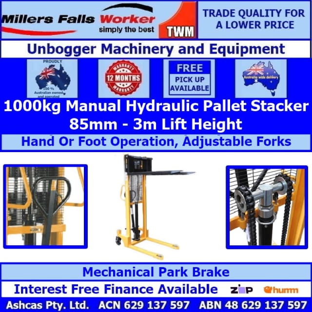 Millers Falls 1000kg Manual Forklift Pallet Stacker Hydraulic 3m Lift