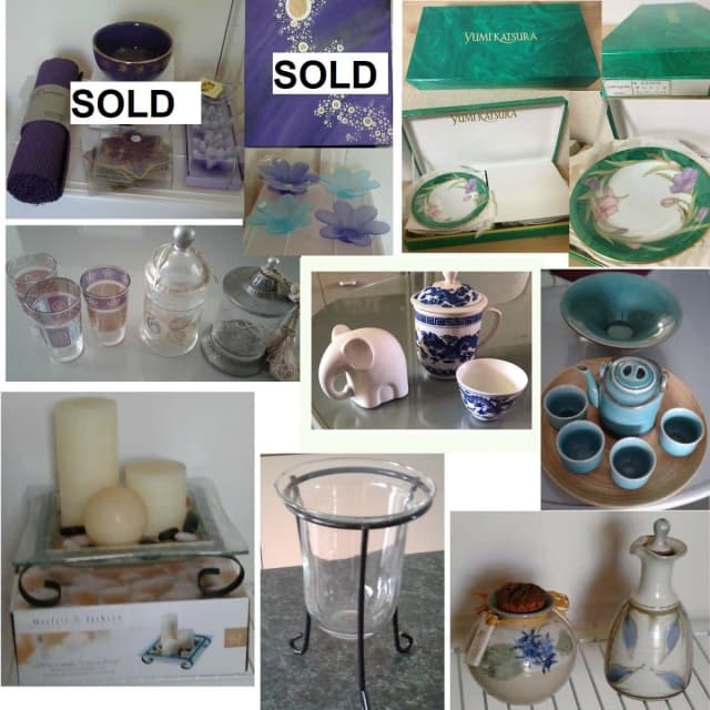 Tea Set Candles Collectible Pottery Glass Platters Trinket Box