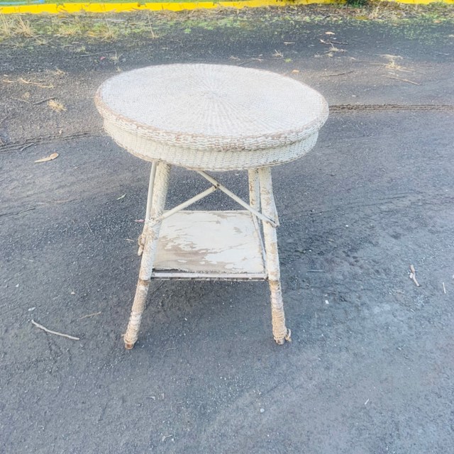 Vintage 1940’s rustic white painted seagrass cane outdoor patio table