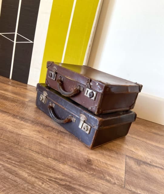 Antique Vintage Set of 2 Leather Rustic Suitcases, Retro Side Table