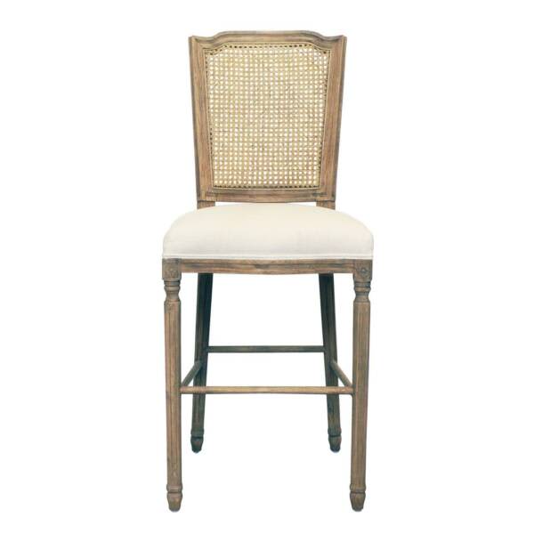 French Provincial Louis Rattan Upholstered Bar Stool in Natural Oak