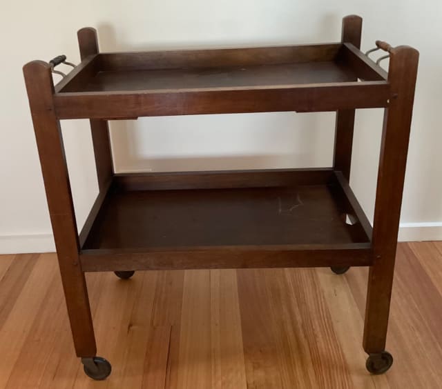 1920s two tier wooden drinks trolley with castors and handles