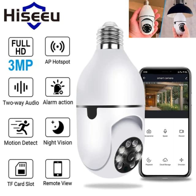 NEW Hiseeu P03 3MP WIFI Light Bulb Camera E27/E26 Home Security Survei
