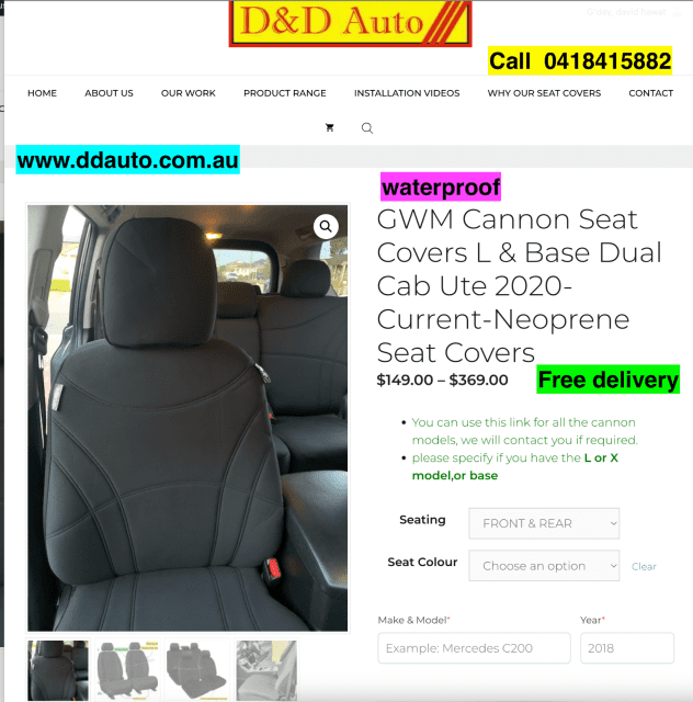 GWM Cannon Seat Covers L & Base Dual Cab Ute 2020CurrentNeoprene Sea