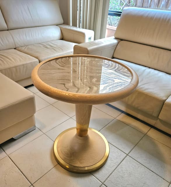 Tall solid timber side table with glass top and brass foot Coffee