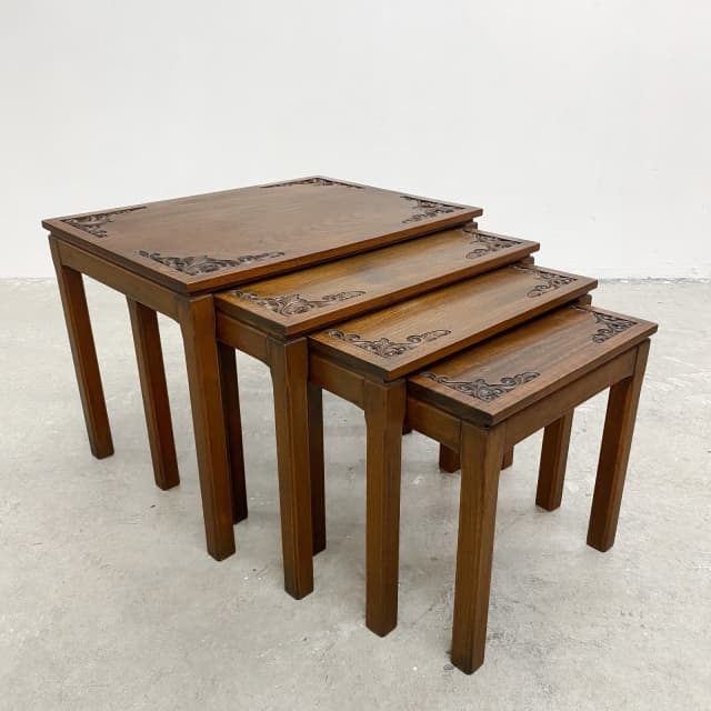 Mid Century Carved Top Solid Wood Nest of 4 Tables 1960s Buffets