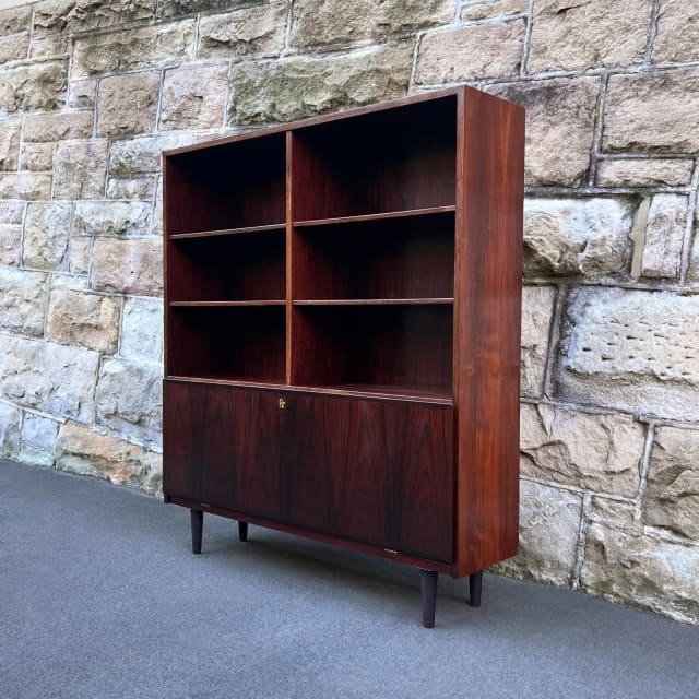 Danish Brazilian Rosewood Omann Jun Model 9 Drop Door Bookshelf 1960s Bookcases & Shelves in