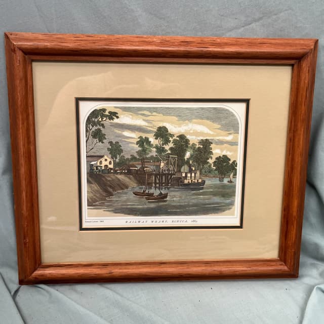Vintage Framed Coloured Print Art, Samuel Calvert Railway Wharf Echuca