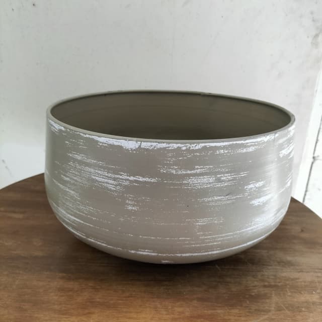 Footed grey and white toned round plant pot. No drainage hole. Pots