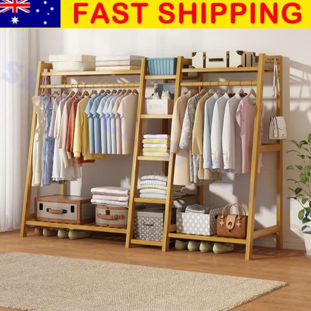 160CM Bamboo Coat Rack Stand Clothes Hanging Rail Rack Shelf Closet Po