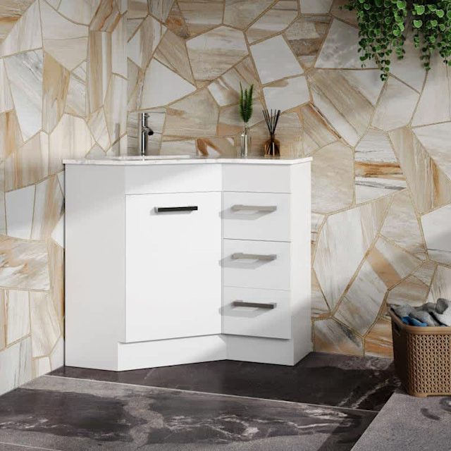 CORNER VANITY WITH LEFT OR RIGHT DRAWER UNIT CONFIGURATION 900MM X 600