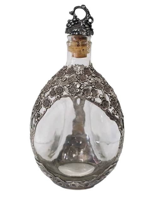 Chinese Export Bamboo Silver Overlay Pinched Glass Decanter circa 1920