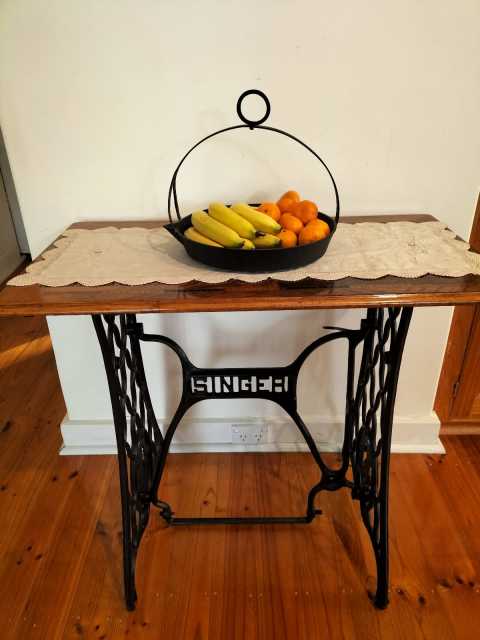 100 YR OLD RESTORED ORNATE TREADLE HALL TABLE/ BEAUTIFUL INLAID TOP ...