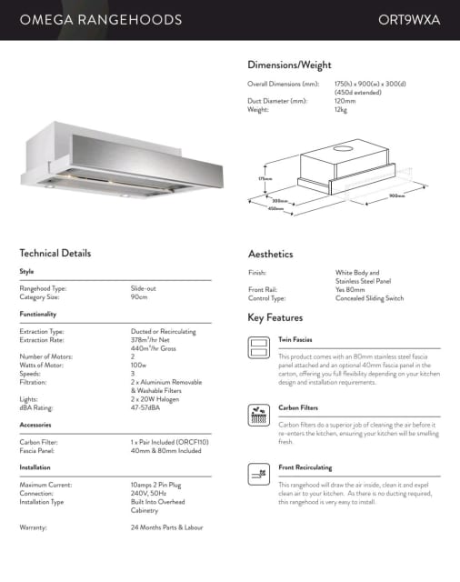 omega ort9wxa 90cm slideout rangehood