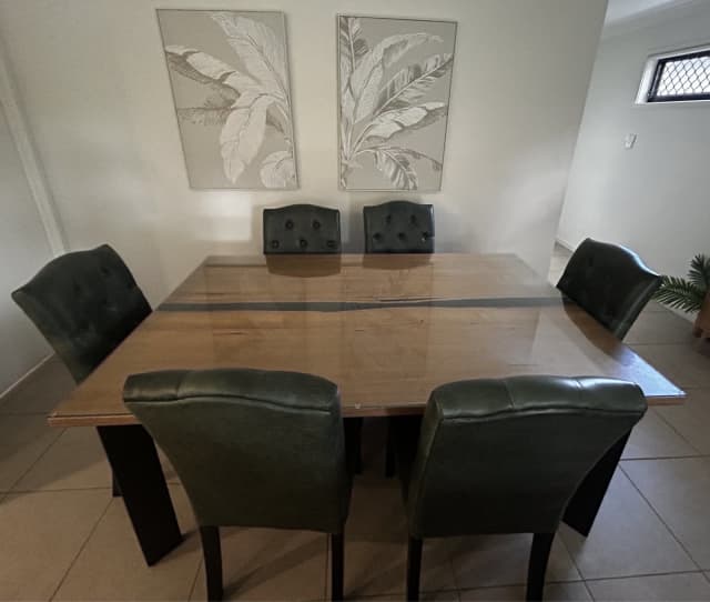Green Resin Table and 6 Seat Green Leather Dining Chairs Dining