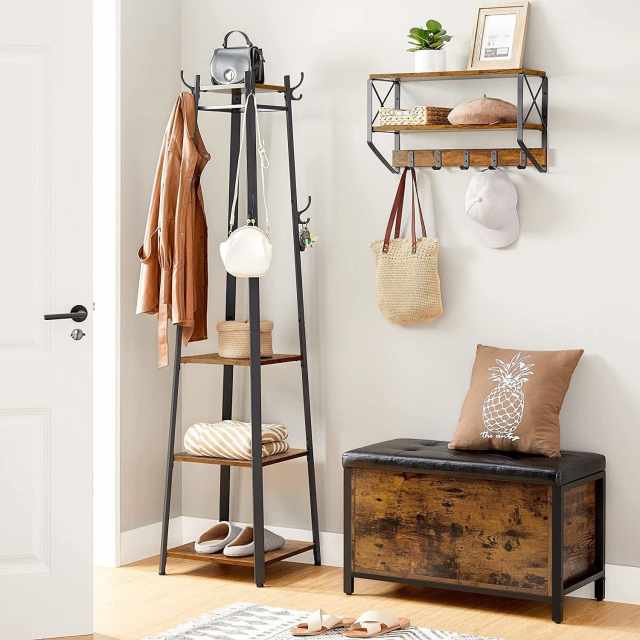 Coat Rack with 3 Shelves with Hooks Rustic Brown and Black Bookcases