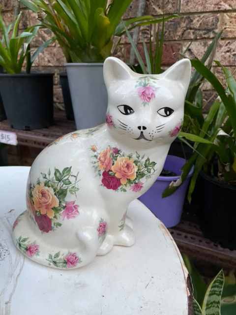 Vintage English Staffordshire Large Pottery CAT Figure Rose Decorated ...